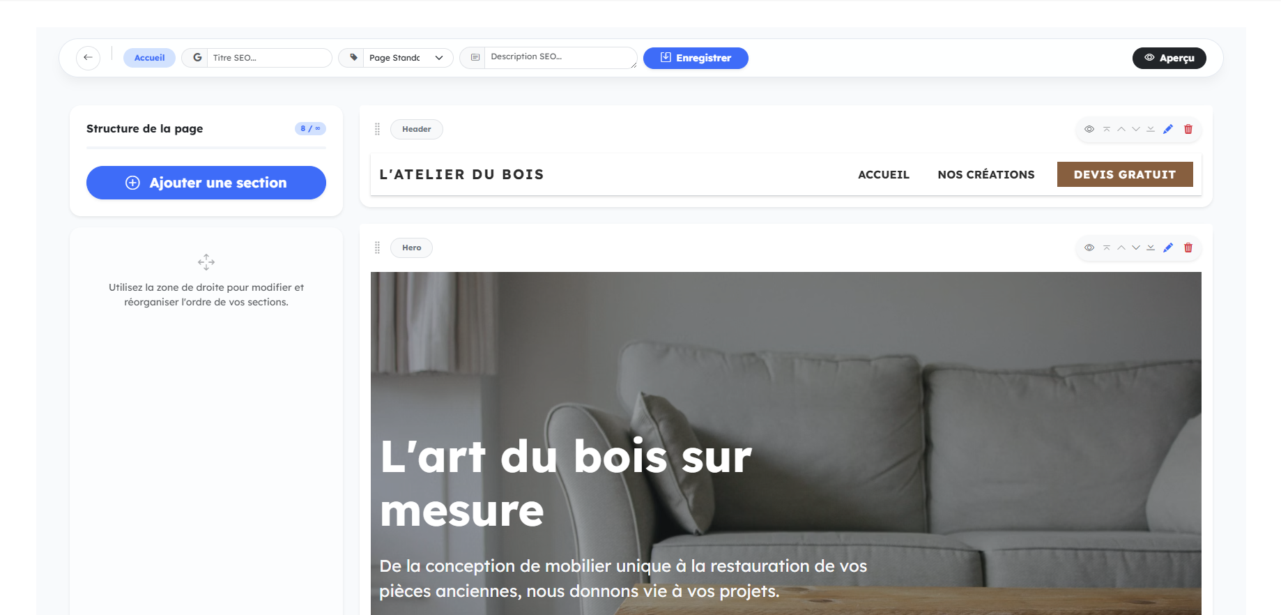 Interface de l'éditeur Web Vitrine